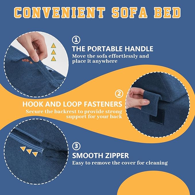 jela Foldable Sofa Bed Soft Foam Convertible Sleeper Chair Luxury Miss Fabric Fold Out Chair Bed Floor Couch with Back Support Floor Sofa for Living Room Bedroom (83"x33",Navy)