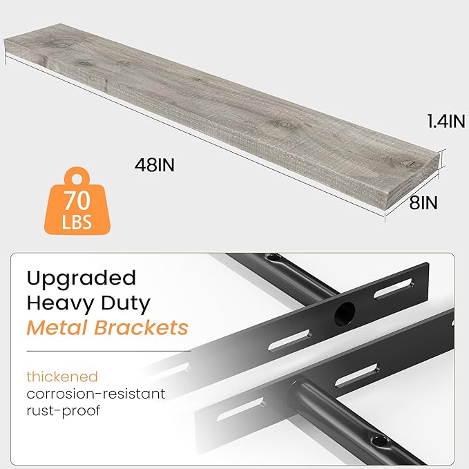 Fun Memories Floating Shelves for Wall Dec, 48"x8" Rustic Reclaimed Wood Shelves, Heavy-Duty Wall Mounted Shelves with Invisible Brackets for Living Room, Bedroom, Kitchen, Grey Finish, Set of 2