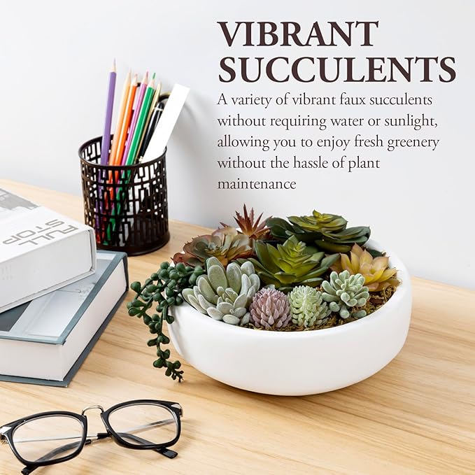 MyGift 8 Inch Round Modern Artificial Succulent Arrangement Potted in White Concrete Plant Bowl, Assorted Faux Mini Succulents in a Decorative Planter Pot