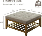 Large Square Ottoman Coffee Table, Linen Solid Upholstered Footrest Ottoman with Solid Wood Shelf Storage Tufted Coffee Table for Bedroom Living Room, Linen