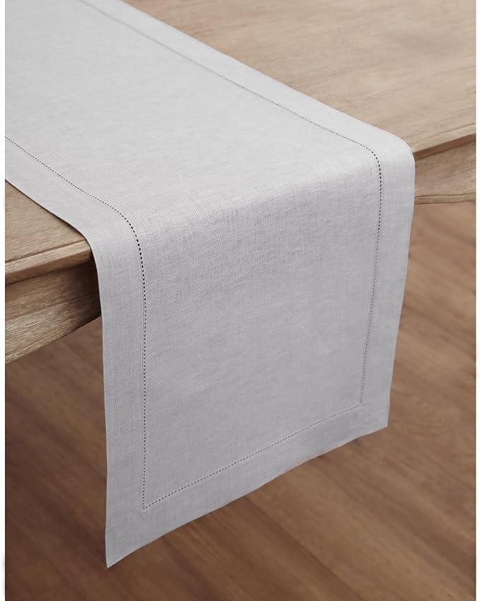 Solino Home Linen Soft Grey Table Runner 72 Inches Long - 100% Pure Linen Hemstitch Table Runner 14 x 72 Inch for Dresser, Dining, Fall, Autumn, Halloween, Thanksgiving - Classic Hemstitch