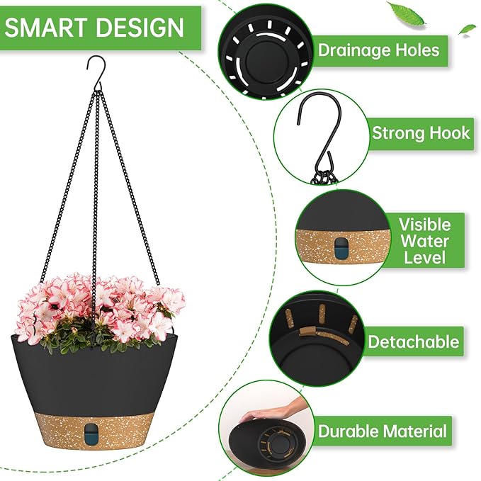 ZMTECH 10 Inch Hanging Planters for Outdoor Plants, Hanging Pots for Plants Indoor with Visible Water Level, Hanging Flower Basket with Drainage Holes & Removable Tray(2 Pack, Gray)
