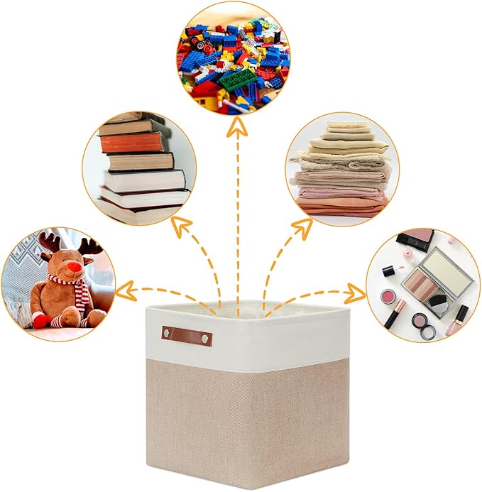 DULLEMELO Cube Storage Bins - 4 Pack Foldable Large Storage Baskets 12 inch Gifts Empty Fabric Bins for Home Office Cubes Organizer Closet, Shelves, Toy, Nursery (4 Pack - 12" White&Khaki)