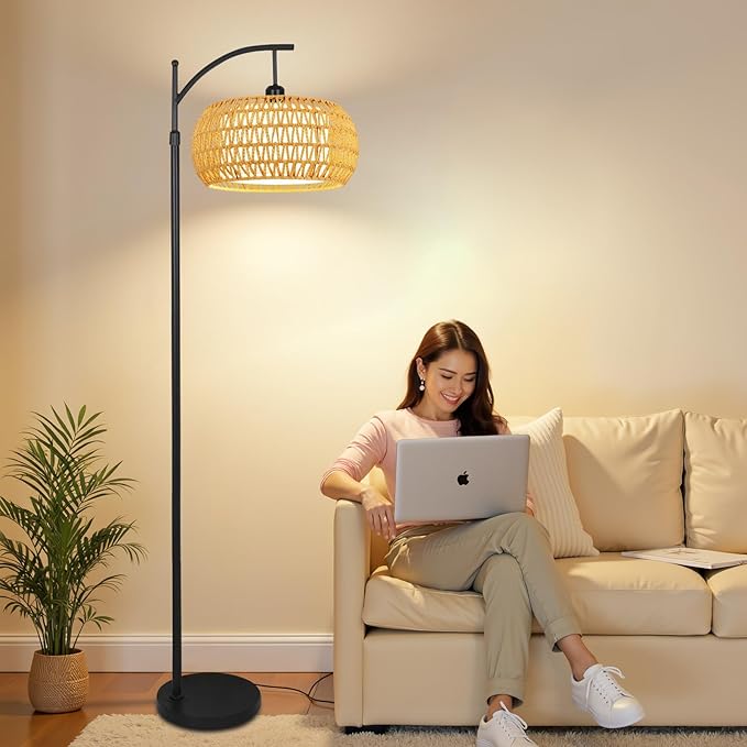 Arc Floor Lamps for Living Room Rattan Boho Floor Lamp with Remote Control,Dimmable LED Floor Lamp Wicker Lamp Shades Black Standing Lamp with 3 Color Temperature Tall Floor Lamps For Bedroom Corner