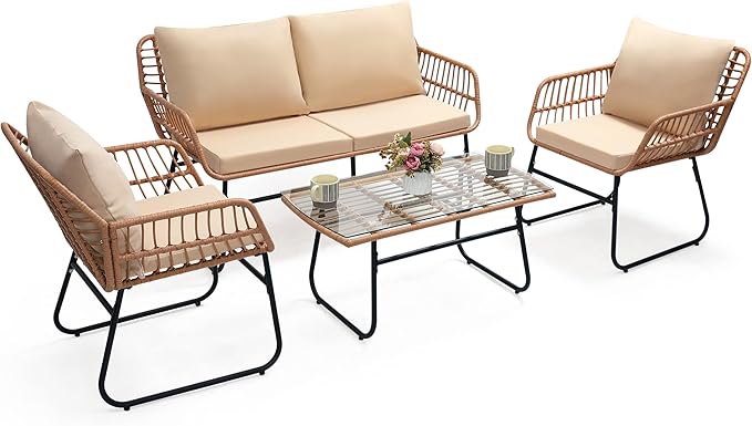 Kromax 4 Piece Patio Bistro Outdoor Furniture Set, Wicker Sofa, 2 Rattan Chairs, and Table, Backyard Conversation Set, All Weather Cushions, Natural Rattan Beige Cushion