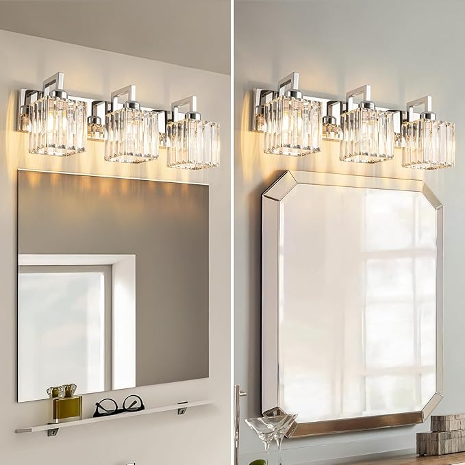 Modern Bathroom Vanity Light 3-Lights Chrome Crystal Wall Lamp Bathroom Modern Crystal Vanity Lighting