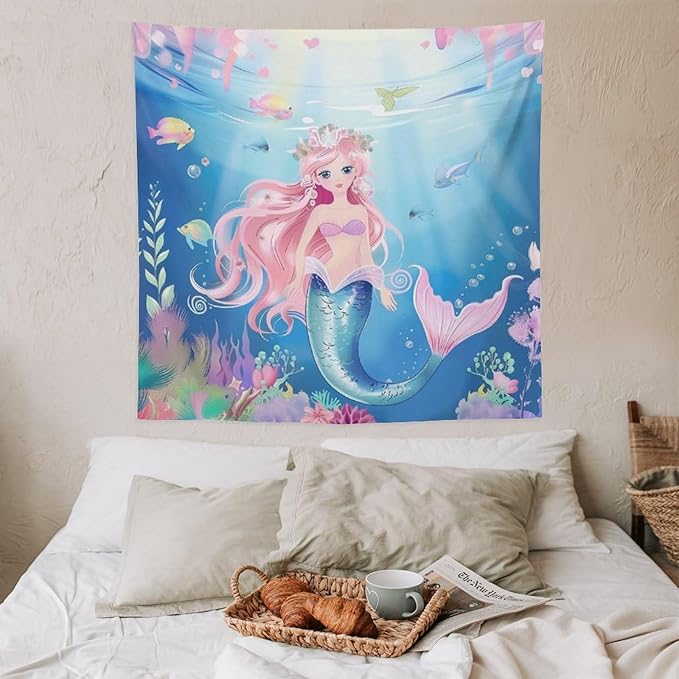 HZOHNAGO Mermaid Girls Tapestry Watercolor Mermaid Princess Pattern Printed Wall Tapestry Wall Hanging for Bedroom Living Room Dorm 60" W x 60" H