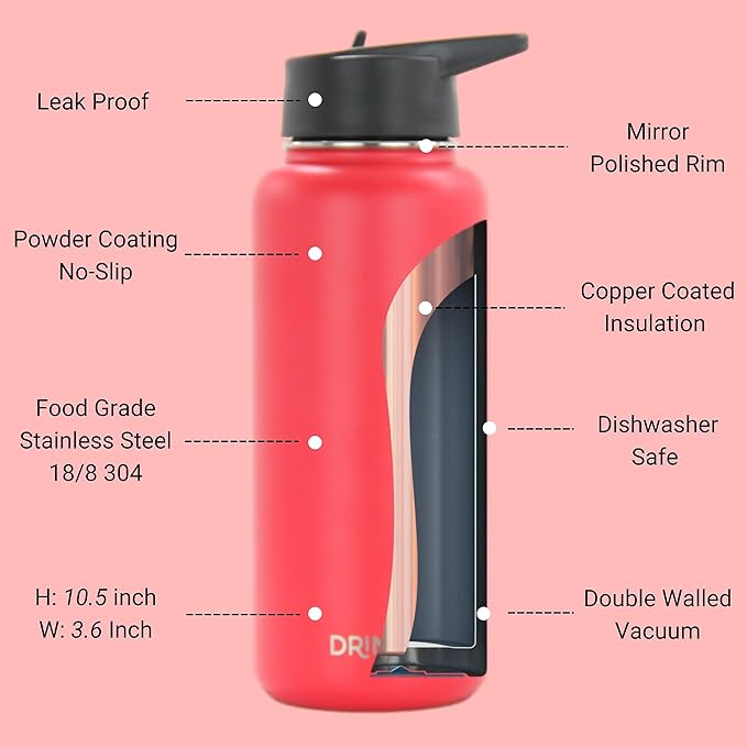 DRINCO Stainless Steel Water Bottle Spout Lid Vacuum Insulated Double Wall Water Bottle Wide Mouth (40oz 32oz 22oz 18oz 14oz) Leak Proof Keeps Cold or Hot (32 oz, 32oz Barn Red)