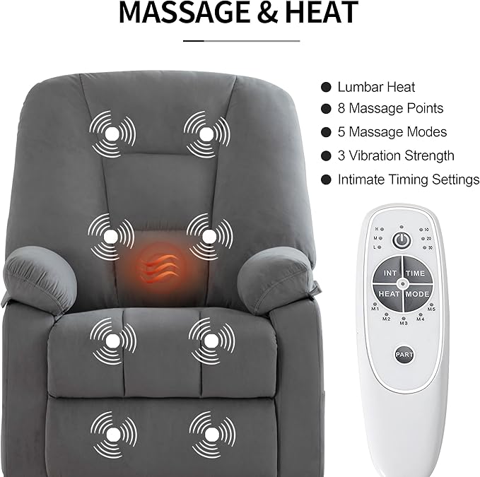 Power Swivel Rocker Recliner Chair for Adults,Rocking Recliners Chairs with Massage and Heat for Living Room, Electric Fabric Reclining Sofa Chair with USB and Type-C Port (Gray)