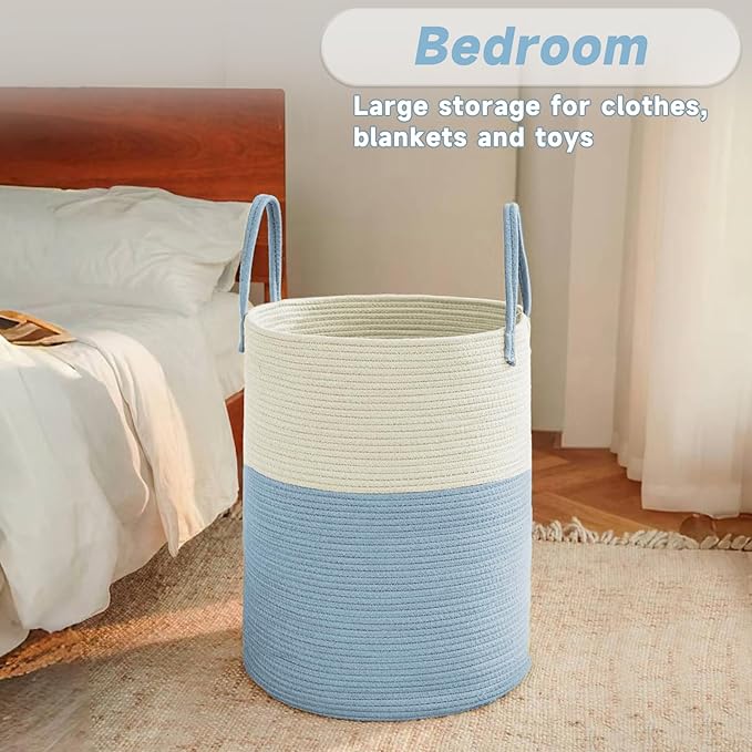 Large Woven Laundry Basket Hamper,100L Cotton Rope Storage Bin for Blankets,Toys and Clothes,Decorative Tall Nursery Hamper for Living Room,Baby Nursery,Bathroom and Bedroom,White and Blue