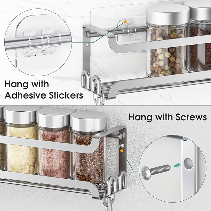 LUCYCAZ 4 Pack Wall Mounted Spice Rack with 16 Hooks, Spice Organizer Shelf for Stove Cabinet Pantry Door,Screw or Adhesive Spice Shelf Hanging Wall Spice Rack in Kitchen and RV (Silver, 4 PACK)