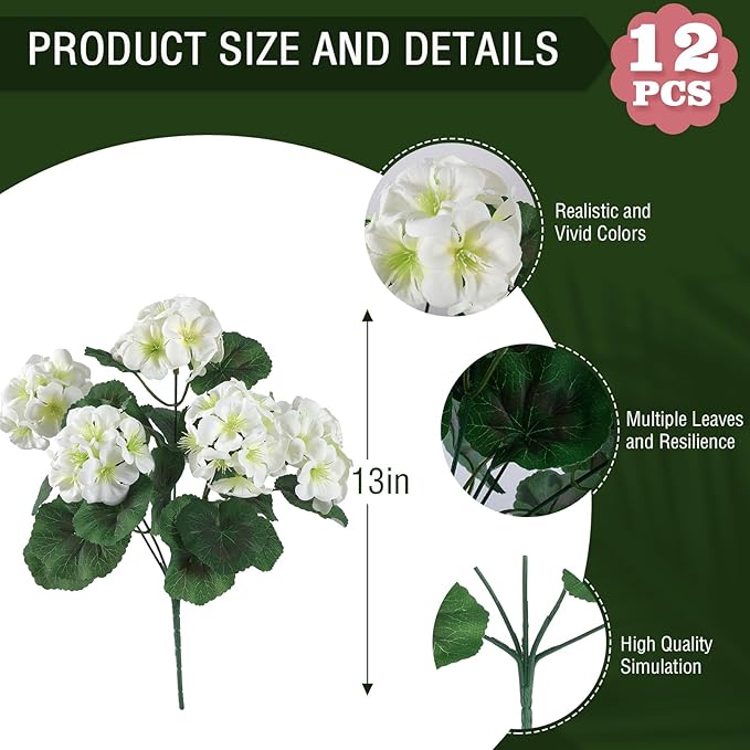 Hananona 12 Pcs Artificial Geranium Flowers for Outdoors Geranium Silk White Flower Outdoor UV Resistant Garden Plants Faux Flowers for Home Kitchen WeddingTable Centerpieces Decor (12, White)