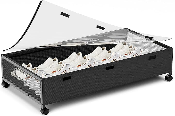 Under Bed Storage Containers with Wheels, Underbed Shoe Storage Organizer with Removable Lids, Large Rolling Under Bed Storage Dresser Drawers for Clothes Toys Shoes Blankets