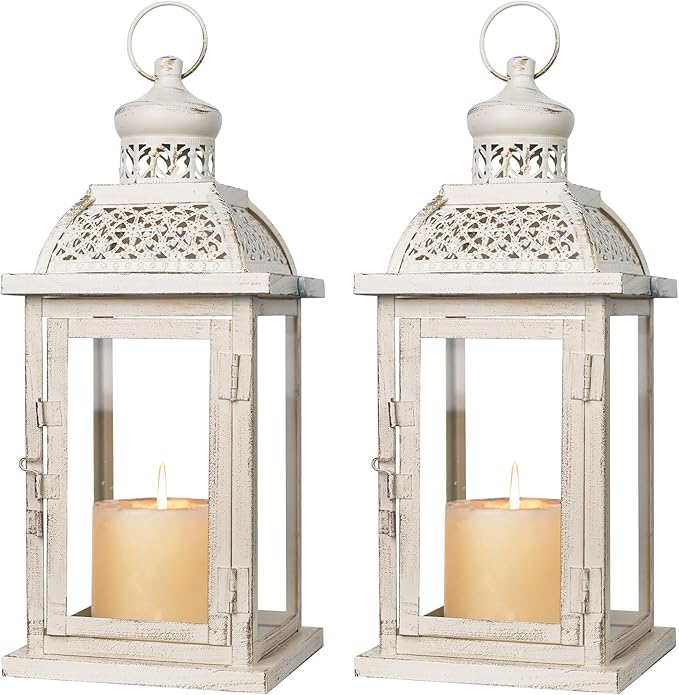 DECORKEY Lantern Decorative Indoor&Outdoor, 2 Pack 14.4'' Large Metal Candle Lanterns, Vintage Hanging Candle Holders for Farmhouse Wedding Front Porch Patio, Halloween Christmas Decorations for Home