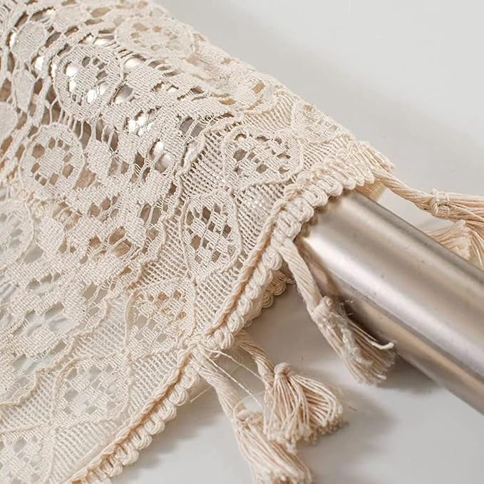 Sutuo Home Boho Sheer Curtain Valance Tier Crochet Lace with Bohemian Hollow Knitted Handmade Tassels, Short Farmhouse Window Treatment for Kitchen Cafe, Rod Pocket, 1 Panel 59" W x 24" L, Beige