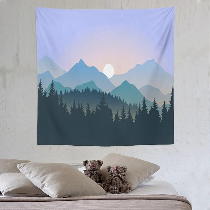 HZOHNAGO Mountain Tapestry Forest Mountain Sunrise Pattern Printed Wall Tapestry Wall Hanging for Bedroom Living Room Dorm 60" W x 60" H