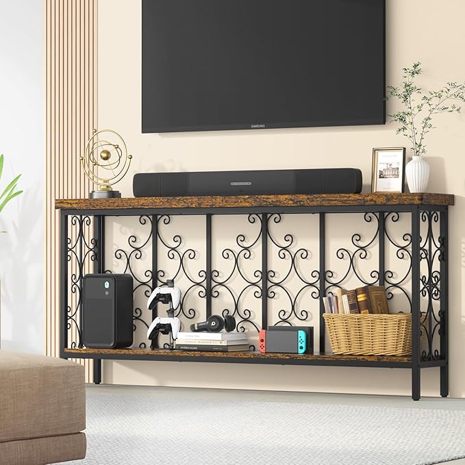 ikkle 70.9" Extra Long Console Table, Industrial Narrow Sofa Table Behind Couch with 2 Tier Storage Shelf, Entryway Hallway Accent Table for Living Room, Foyer, Rustic Brown