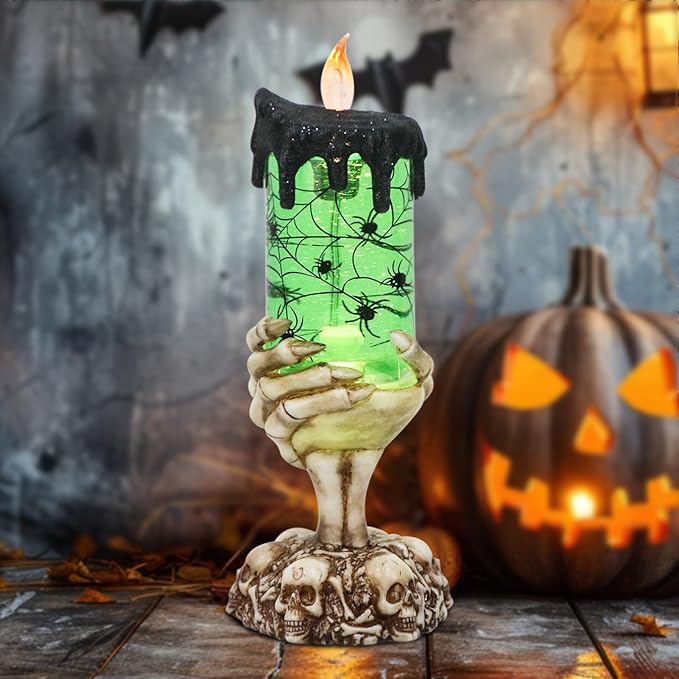 Eldnacele Halloween Snow Globe Candles Lighted Lamp USB Powered Battery Operated Spooky Spinning Water Glittering Tornado Flameless Candles Skeleton Hand Holder Halloween Centerpiece Decor(Spider)