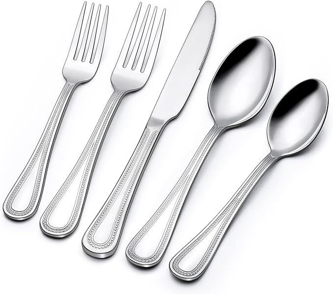40 Piece Silverware Set for 8, Terlulu Stainless Steel Flatware Set, Mirror Polished Cutlery Set Utensil Set, Tableware Include Forks Spoons Knives for Home Restaurant, Beaded Handle, Dishwasher Safe