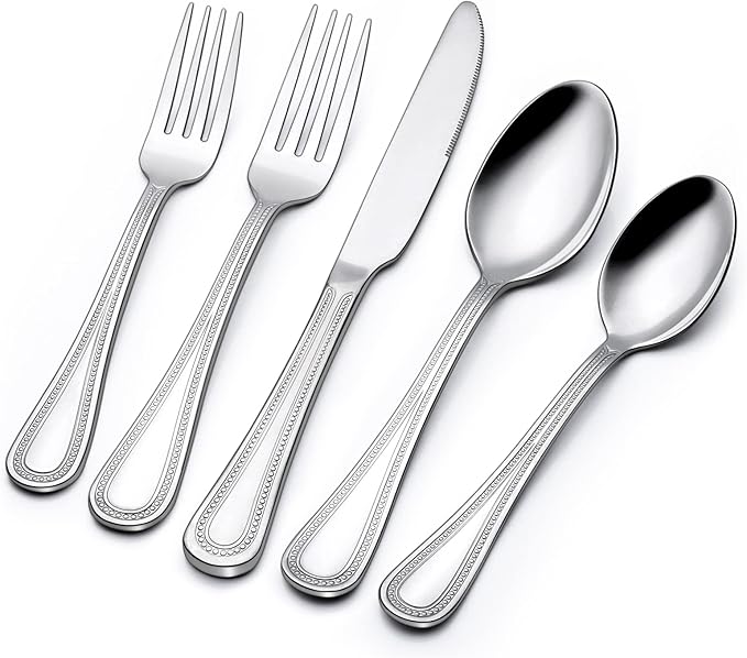 60-Piece Silverware Set for 12, Stainless Steel Flatware, Mirror Polished Cutlery Set, Utensils Include Spoons, Forks, Knives for Home, Restaurant, Beaded Handle, Dishwasher Safe