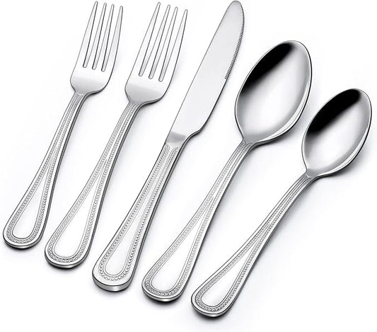 60-Piece Silverware Set for 12, Stainless Steel Flatware, Mirror Polished Cutlery Set, Utensils Include Spoons, Forks, Knives for Home, Restaurant, Beaded Handle, Dishwasher Safe