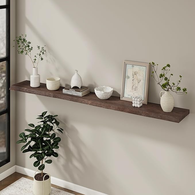 Floating Shelves for Wall, 72"x9.3" Rustic Solid Live-Edge Elm Wood Wall Shelves, Heavy-Duty Floating Shelves with Invisible Brackets, Set of 2 for Living Room, Bedroom, and Kitchen, Grey Finish