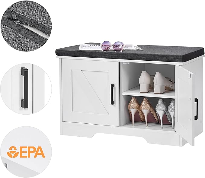 2-Tier Storage Bench, Shoe Bench with Padded Seat Cushion, Entryway Bench with 2 Barn Doors, Adjustable Shelf, 13.8" D x 27.6" W x 17.7" H, for Entryway, Living Room, Bedroom, White