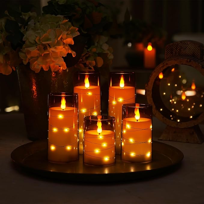 Homemory 9 Pcs Flameless Candles with Embedded Star String Fairy Lights, Battery Operated Candles, LED Fake Candles with Remote Control and Timer, Gray Acrylic