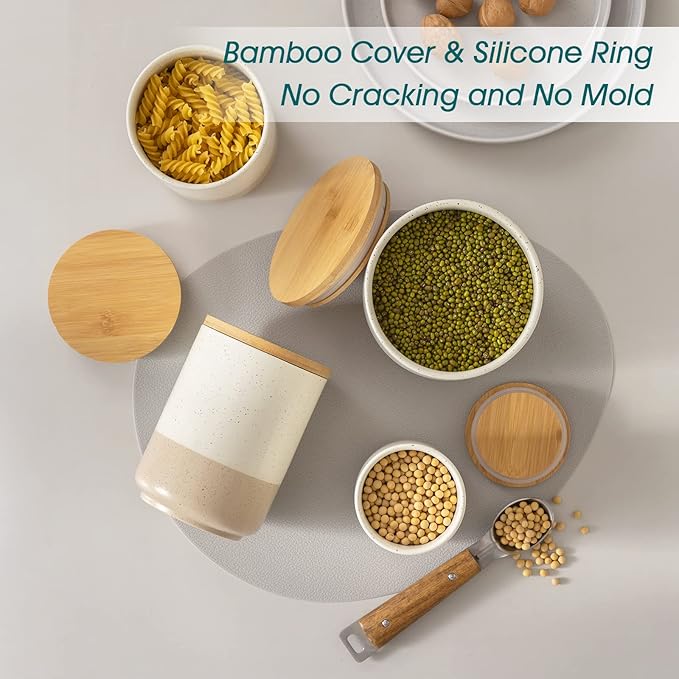 vancasso Sabine Large Ceramic Canister with Airtight Wood Lid - 74 oz Kitchen Food Storage Jar for Flour, Sugar, Coffee, Tea & Spices - Big Capacity Countertop Jar