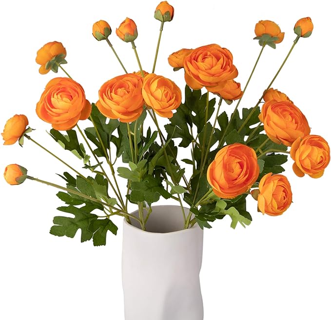 5 Stems Artificial Silk Ranunculus Flowers Orange 23" Tall,UV Resistant,Bendable Stems for Wedding Centerpieces,Home Deco（Orange）