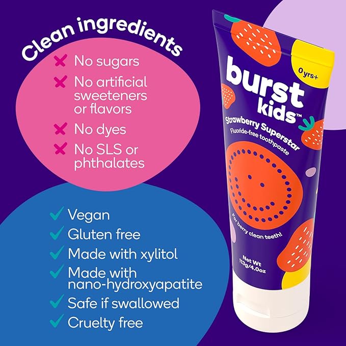 BURST Fluoride Free Strawberry Kids Toothpaste (4oz) | Great Tasting | Dye Free for Baby & Toddler Age 0+ | with Nano Hydroxyapatite