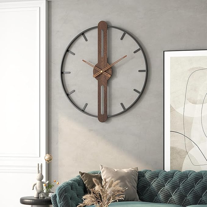 Modern Walnut Dial Wall Clock, Wood Large Wall Clock Decor Metal Frame Silent Non Ticking for Living Room, Bedroom, Kitchen, Study Decoration, Handmade Home Present Idea, 20 in （50 cm）