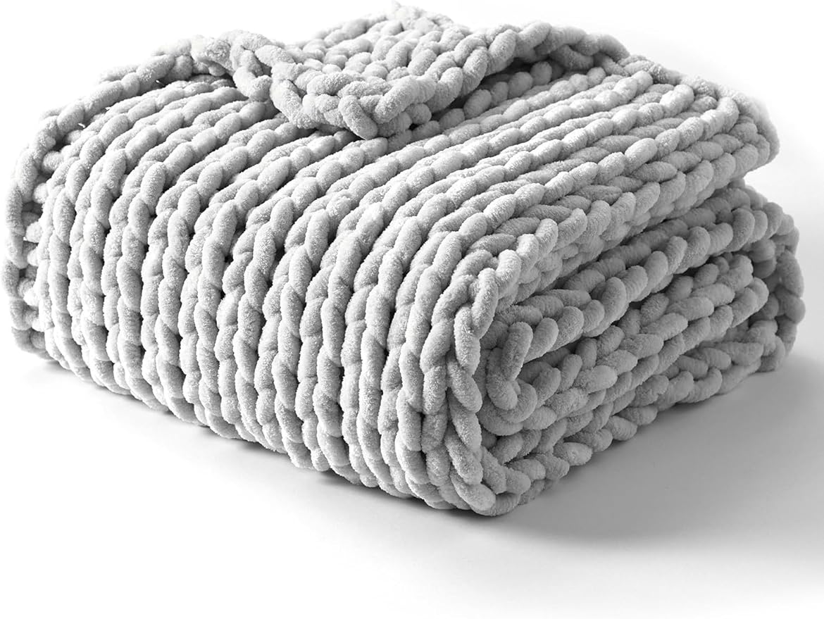 YnM Chunky Throw Blanket, Hand Knitted with Chenille Yarn, Skin Friendly, Ventilated and Breathable, Machine Washable, Home Décor Piece for Couch, Sofa and Bed (Glacier Grey, 40x50 Inch)