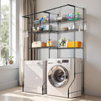 VEVOR Over The Washer and Dryer Storage Shelf, 6 Tier Laundry Room Drying Rack with Hanger Rod and Hooks, Adjustable Over Washer and Dryer Shelves, Laundry Room Shelf Storage Space Saver, Black
