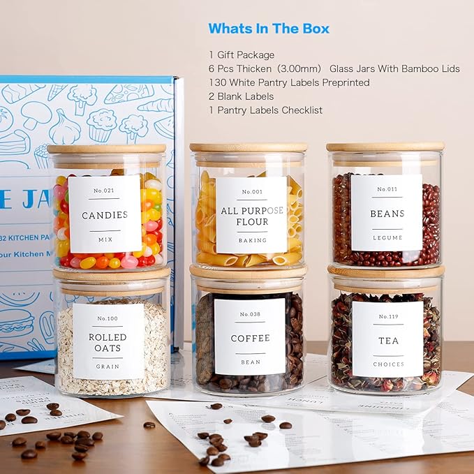 20 OZ Glass Food Storage Jars with 132 Pantry Labels Preprinted - 6 Pcs Thicken Glass Storage Containers with Airtight Bamboo Lid - Clear Kitchen Canister for Spice, Tea, Coffee, Sugar, Cookie, Candy