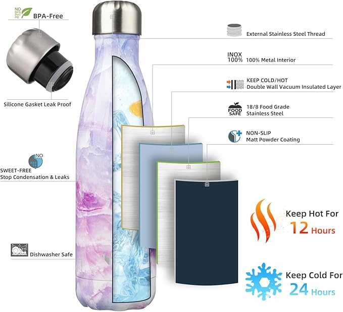 Insulated Water Bottles,17 oz Double Wall Stainless Steel Vacumm Metal Flask for Sports Travel,Marble Dawn