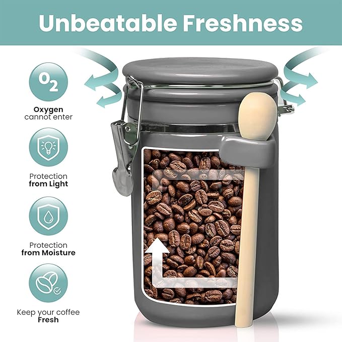 Home Intuition 4-Piece Ceramic Kitchen Canisters Set, Airtight Containers with Wooden Spoons Reusable Chalk Labels and Marker for Sugar, Coffee, Flour, Tea (Grey)