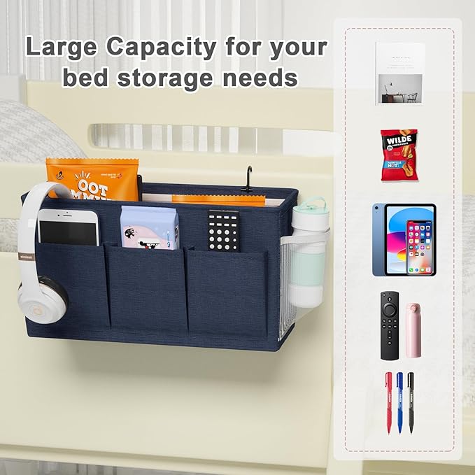 Dual-purpose Bedside Caddy Bedside Organizer, Bed Caddy with 6 Pockets, Versatile Bedside Storage Solution Magazine Remotes holder, ideal for Home, Dorm, Hospital, Crib Bed (Navy)
