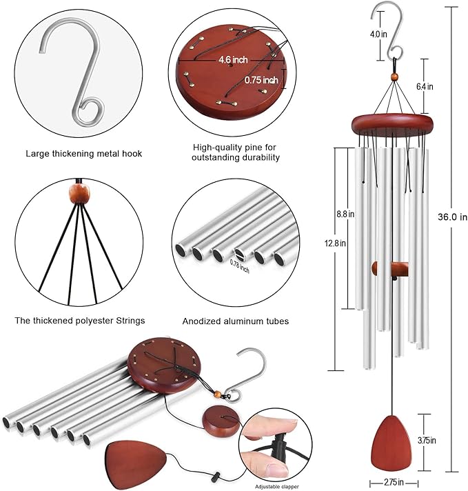 Large Aluminium Wind Chimes Outside, Soothing Melodic Memorial Sympathy Wind Chime, Suitable Outdoor Garden Decor, Gift for Mom Women Neighbors (Silver Wind Chimes-36)