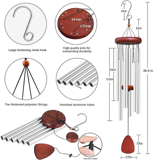 Large Aluminium Wind Chimes Outside, Soothing Melodic Memorial Sympathy Wind Chime, Suitable Outdoor Garden Decor, Gift for Mom Women Neighbors (Silver Wind Chimes-36)