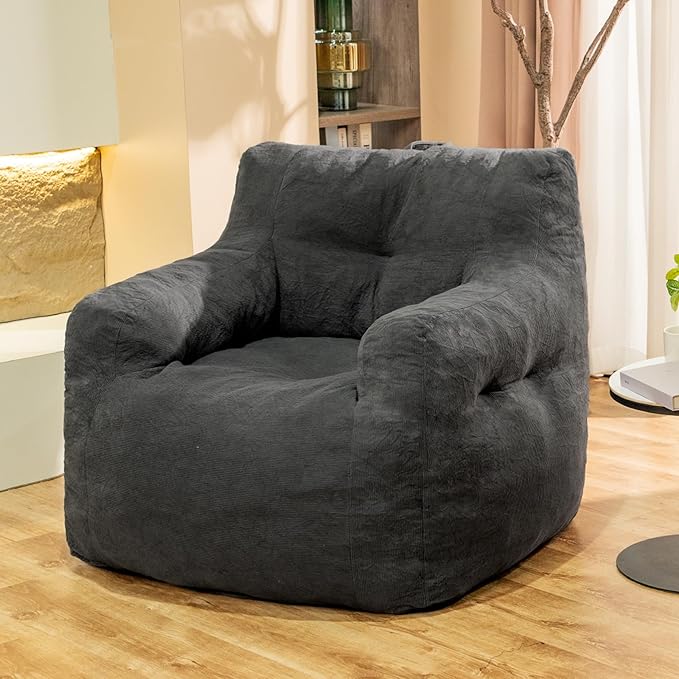 Giant Bean Bag Chair, Large Bean Bag Chair for Adults, Fluffy and Comfy Bean Bag Chair with Filler, Big Bean Bag Sofa Chair for Reading, Stuffed High-Density Foam, Grey