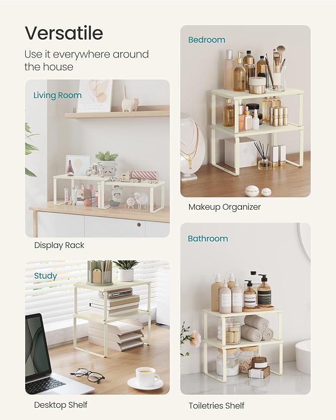SONGMICS Cabinet Organizer Shelf, Set of 2 Kitchen Counter Shelves, Kitchen Storage, Spice Rack, Stackable, Expandable, Metal and Engineered Wood, Cream White UKCS002W02