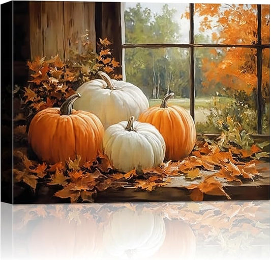 Vintage Pumpkin Window Fall Wall Art Decor, Farmhouse Barn Canvas Print with Autumn Harvest Theme, Framed Thanksgiving Decorations for Country Home, Ready to Hang