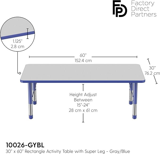 FDP Rectangle Activity School and Classroom Kids Table (30 x 60 inch), Toddler Legs, Adjustable Height 15-24 inches - Gray Top and Blue Edge