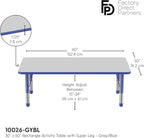 FDP Rectangle Activity School and Classroom Kids Table (30 x 60 inch), Toddler Legs, Adjustable Height 15-24 inches - Gray Top and Blue Edge