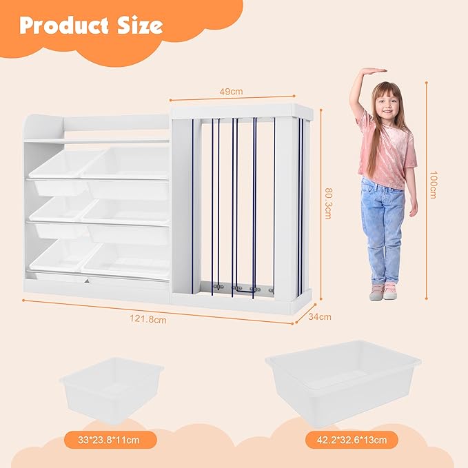 Kids Toy Storage Organizer with 3 Removable Plastic Bins Toddler Montessori Bookshelf with Stuffed Animal Net Holder Baby Bookcase Plush Organizer for Playroom, Bedroom,Kids Room,Classroom,Nursery