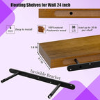 IAE Walnut Floating Wall Shelves 24 inch, Bathroom Shelves Wall Mounted,Invisible Shelves Floating Kitchen Shelves,Wooden Wall Shelves with Brackets for Living Room Wall Mounted,Easy Install,Set of 2