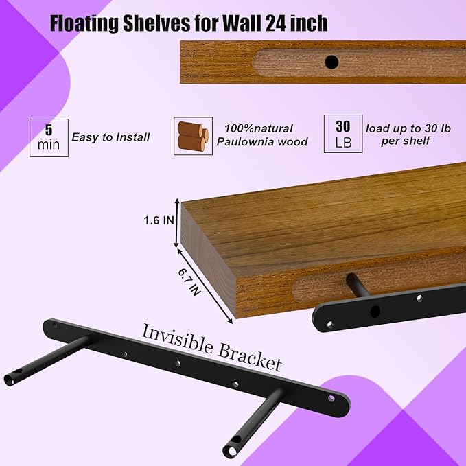 IAE Walnut Floating Wall Shelves 24 inch, Bathroom Shelves Wall Mounted,Invisible Shelves Floating Kitchen Shelves,Wooden Wall Shelves with Brackets for Living Room Wall Mounted,Easy Install,Set of 2