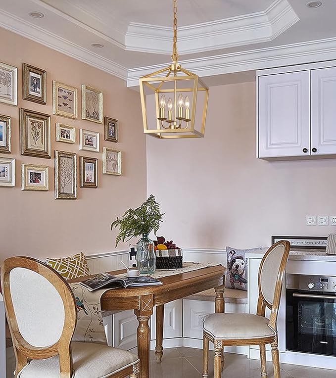 AMZASA Gold Lantern Chandelier Hanging Pendant Light Fixture 4-Lights for Kitchen Island Dining Room Hallway Entryway Foyer UL Listed