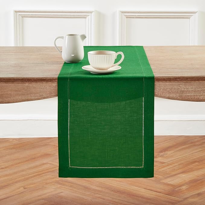 Solino Home Linen Table Runner 48 Inches - 100% Pure Linen Garden Green Hemstitch Table Runner 14 x 48 Inch Ideal for Dresser and Coffee Tables - Classic Hemstitch